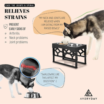 Large Elevated Dog Bowls Stand - Adjustable Raised Pet Food Feeder Station for Medium/Large Sized Dogs - Anti-Slip 4 Height Stand with 2 Stainless Steel Large Dog Food & Water Bowls Dish Set