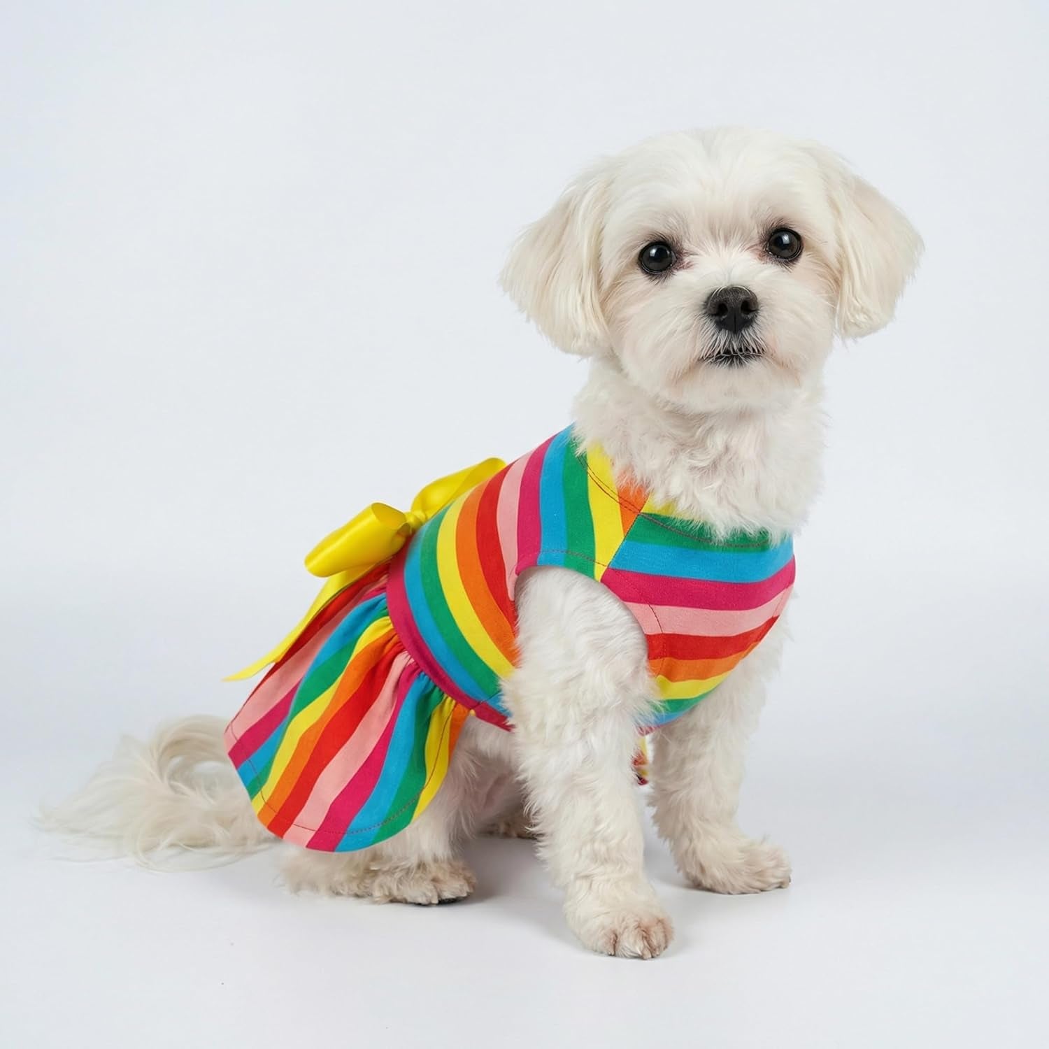 Striped Dog Dress, Summer Dog Clothes for Small Dogs Girl, Pet Cat Outfit, 100% Breathable Cotton, Yellow, Small