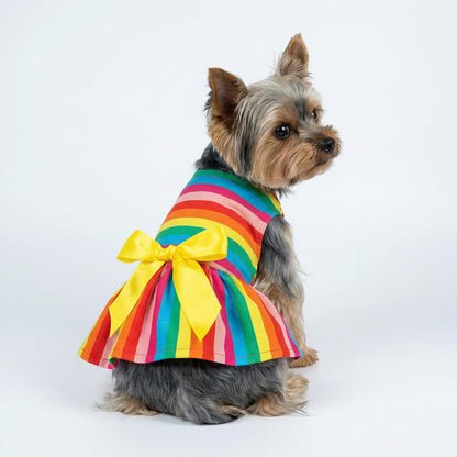 Striped Dog Dress, Summer Dog Clothes for Small Dogs Girl, Pet Cat Outfit, 100% Breathable Cotton, Yellow, Small