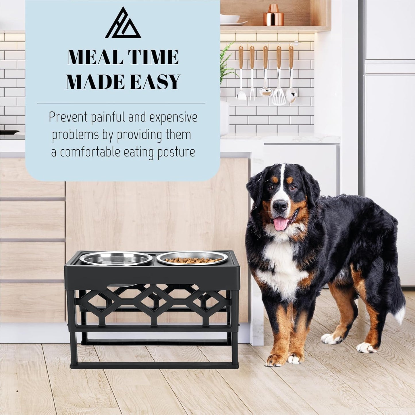 Large Elevated Dog Bowls Stand - Adjustable Raised Pet Food Feeder Station for Medium/Large Sized Dogs - Anti-Slip 4 Height Stand with 2 Stainless Steel Large Dog Food & Water Bowls Dish Set