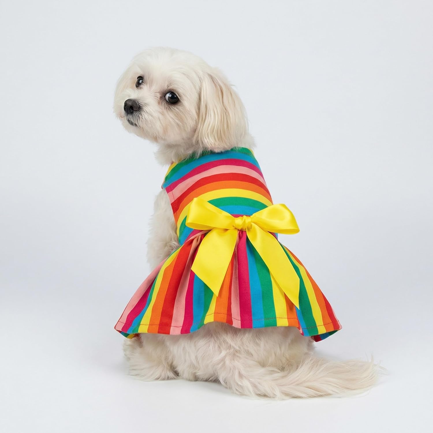 Striped Dog Dress, Summer Dog Clothes for Small Dogs Girl, Pet Cat Outfit, 100% Breathable Cotton, Yellow, Small